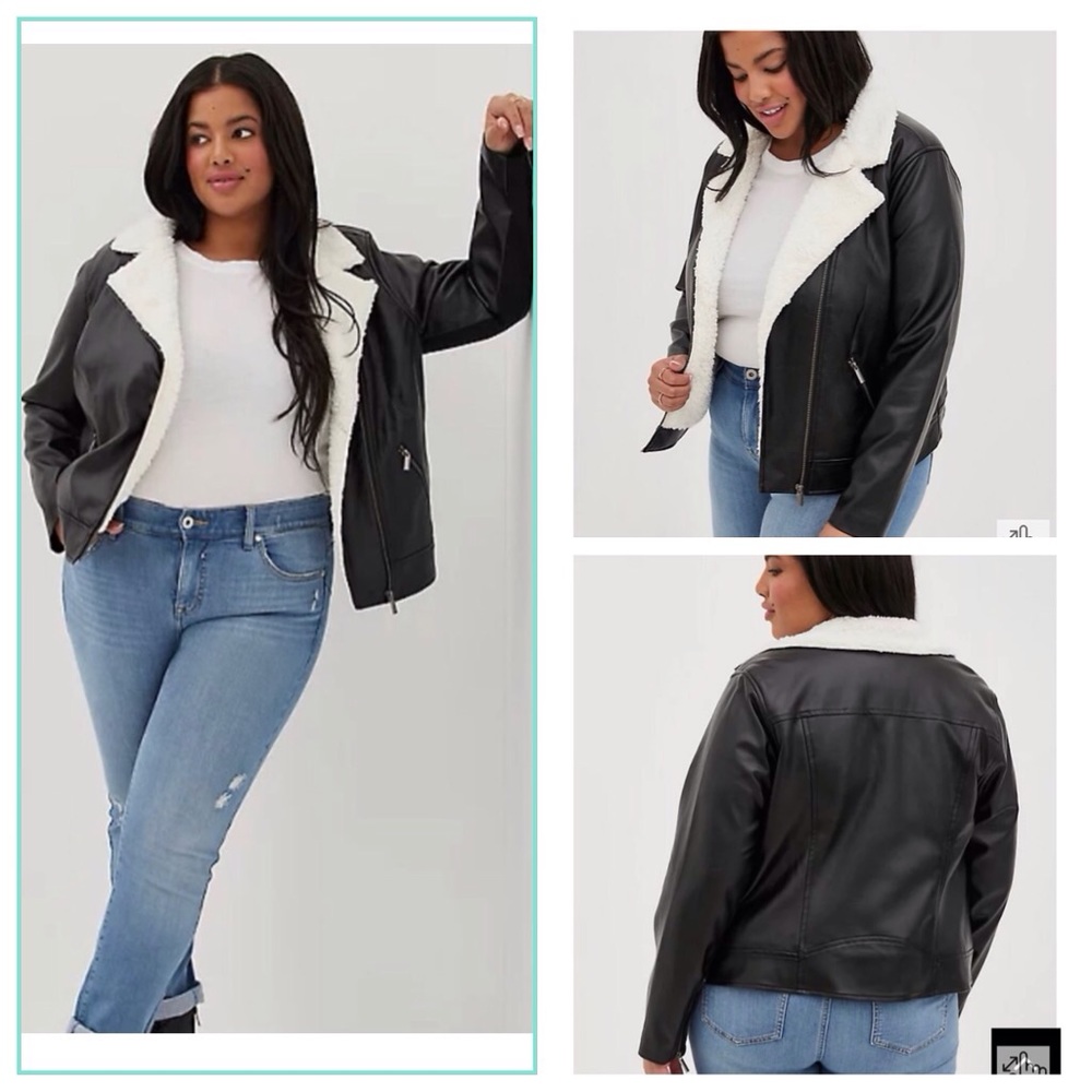 Torrid Womens Faux Leather Moto Jacket Size 10 Asymmetrical Zip Up Sherpa Bomber - Picture 15 of 15